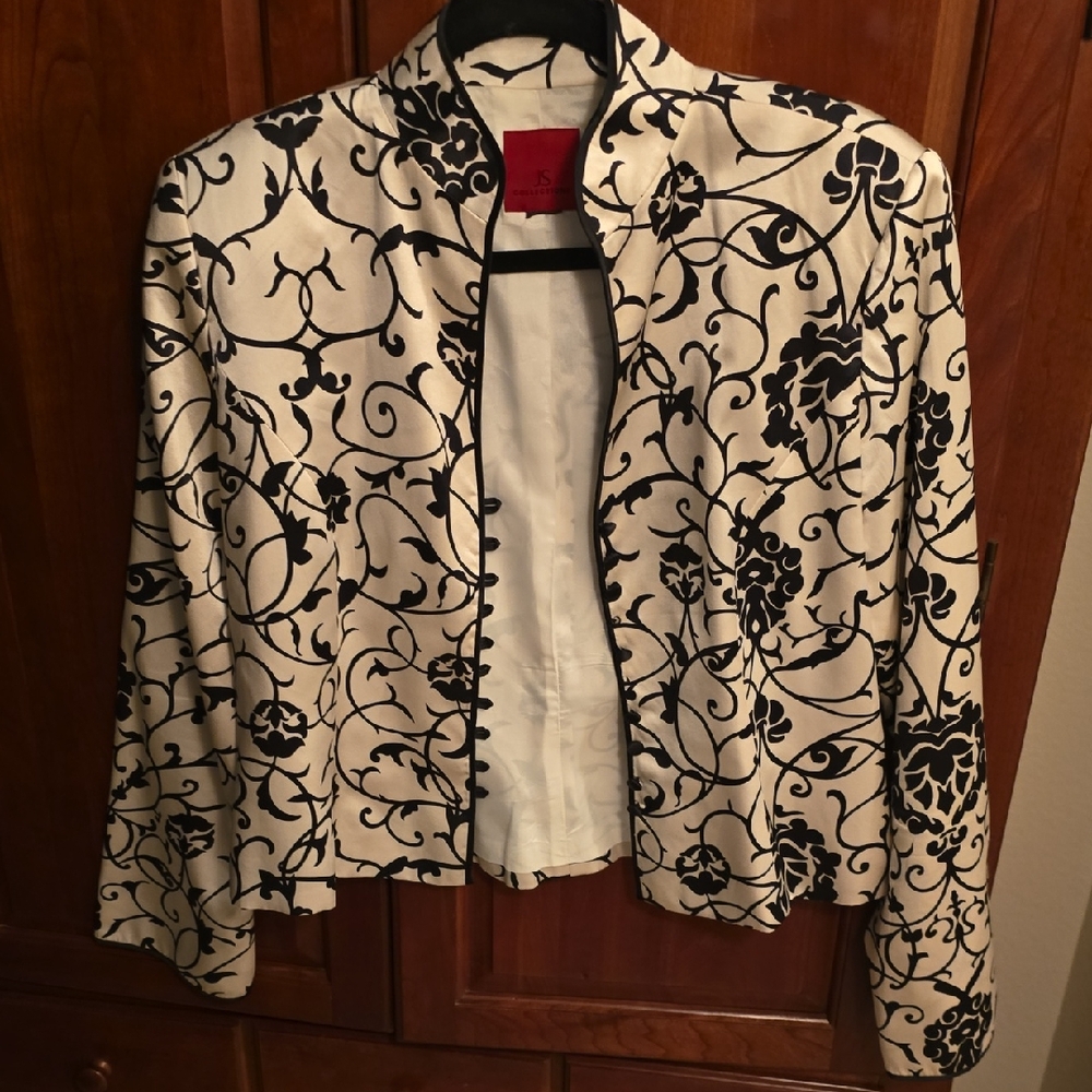 JS Collections Black and White Blazer with Baroque Pattern